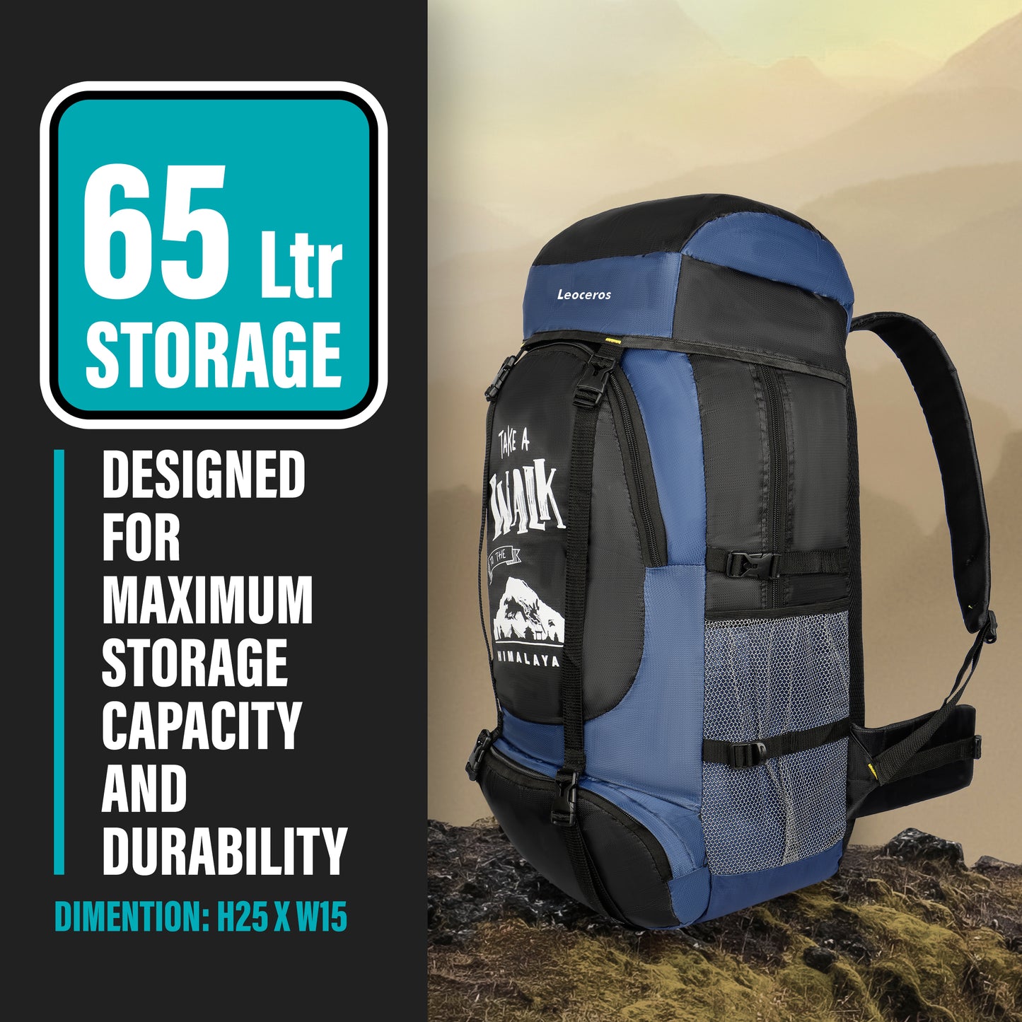 Water Proof 65 Litre Blue Hiking Backpack